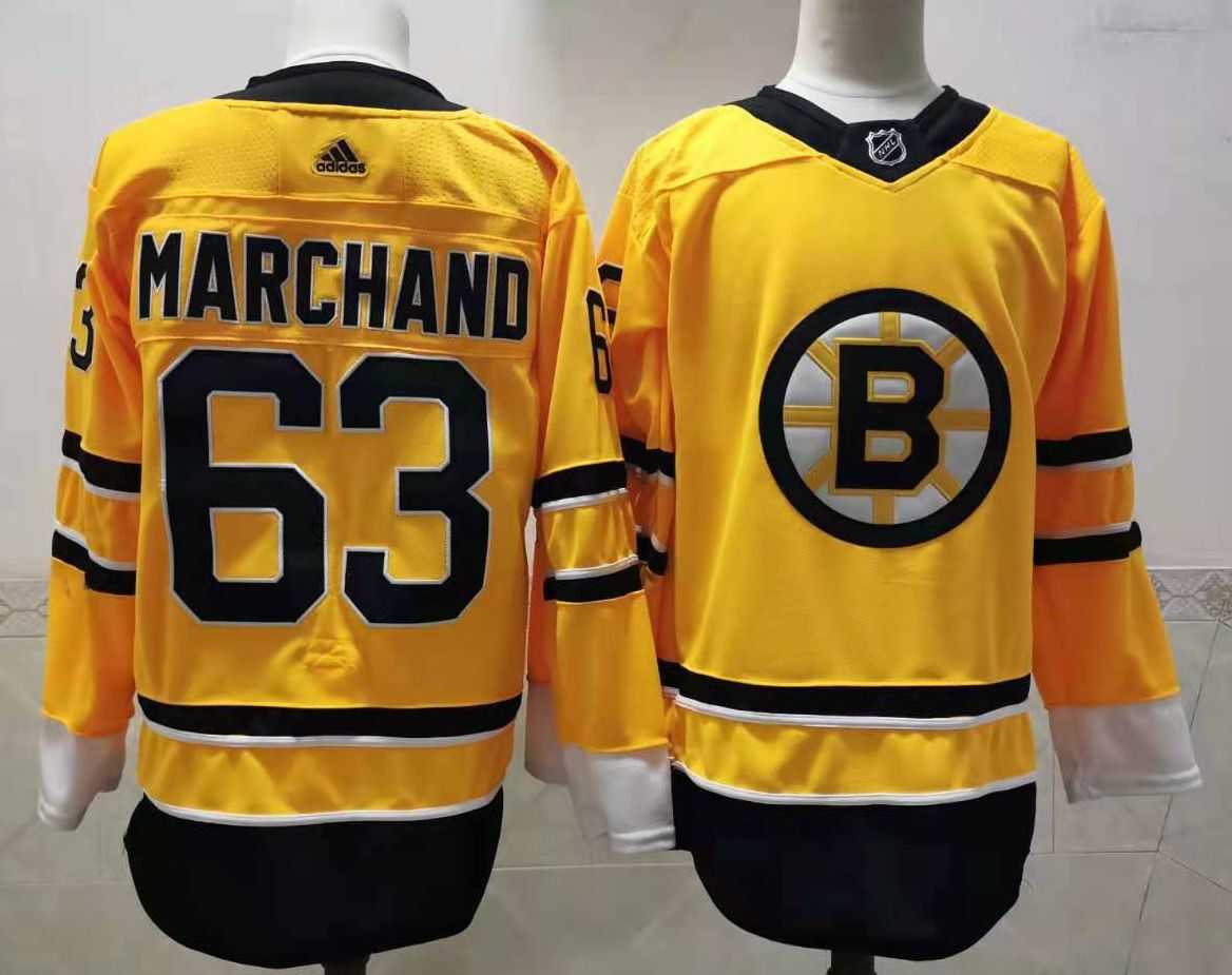 Men Boston Bruins 63 Marchand Yellow Authentic Stitched 2020 Adidias NHL Jersey
